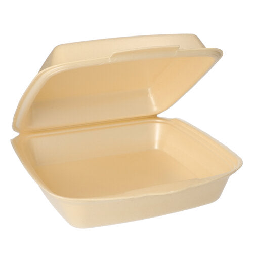 A beige, rectangular Starpak 50 menu box with a flip lid for takeaway is open and empty, showing its smooth interior with a flip lid attached at the back.