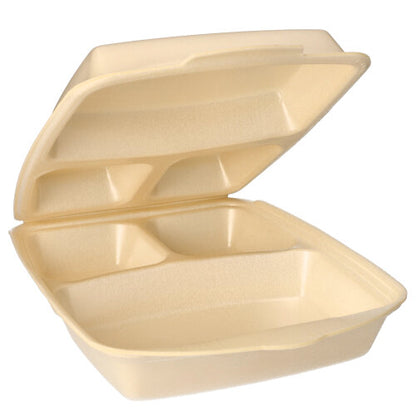 The Starpak 50 menu boxes with a flip lid, XPS beige laminated are shown open with the flip lid raised, revealing three separate compartments inside for food packaging.