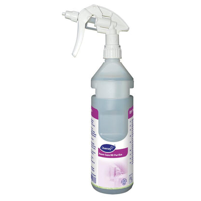 A transparent Room Care R9 Plus Pur-Eco spray bottle made of plastic, empty from Diversey Deutschland GmbH & Co. OHG, with a white spray nozzle and a label with purple accents, designed for eco-friendly cleaning products.