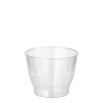 Ein klarer Starpak 15 Trinkbecher aus robustem PS, 0,1l Fassungsvermögen, Ø 6,8cm/5,4cm, steht aufrecht vor einem schlichten weißen Hintergrund. Der Kunststoffbecher ist glasklar und wird im 15er-Pack mit Schrumpffolie geliefert.
