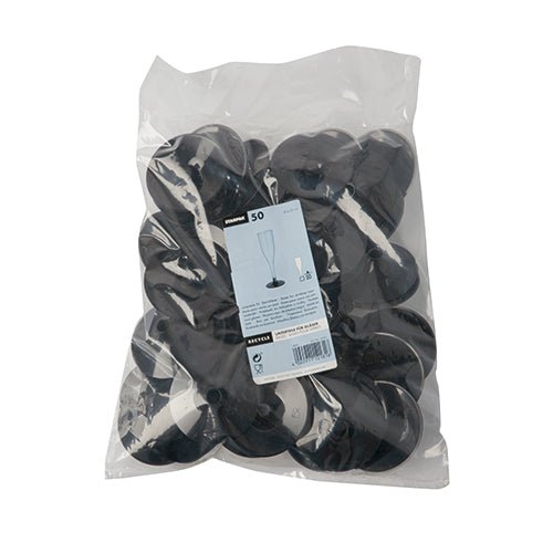 A transparent plastic bag contains 50 Starpak black PS bases (Ø 6.55 cm, height 2.05 cm) for stem glasses. The label shows a glass with a base as well as product and quantity information.