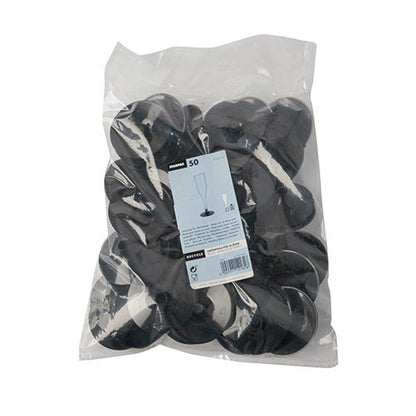 A transparent plastic bag contains 50 Starpak black PS bases (Ø 6.55 cm, height 2.05 cm) for stem glasses. The label shows a glass with a base as well as product and quantity information.