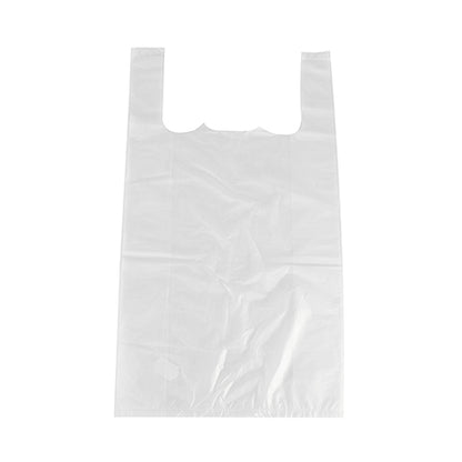 The Starpak 500 T-shirt-style carrier bags (HDPE, 48x27x12 cm, white) stand out against a white background and highlight their pleats and handles—ideal for lightweight items. Package contains 500 pieces.
