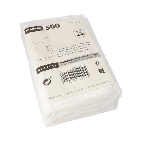 A clear plastic package containing 500 white Starpak T-shirt-style carrier bags (HDPE, 48 x 27 x 12 cm), labeled with recycling symbols and a barcode. Ideal for lightweight items; product details are listed on the front.