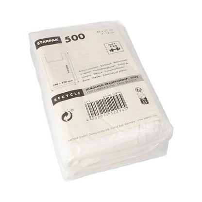 A clear plastic package containing 500 white Starpak T-shirt-style carrier bags (HDPE, 48 x 27 x 12 cm), labeled with recycling symbols and a barcode. Ideal for lightweight items; product details are listed on the front.