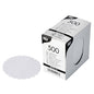 The folding box from PAPSTAR The box contains 500 white, round coaster pads (Ø 8.5 cm), ideal for beverages in the foodservice industry. One coaster is placed next to the box, showing its texture and wavy edge.