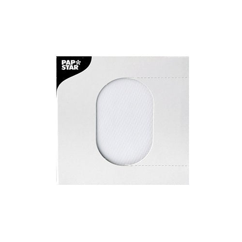 A white PAPSTAR-Drip mats (Ø 8.5 cm) for beverages are visible through an oval window in white packaging featuring the logo of the PAPSTAR GmbH partially visible in the upper left corner; ideal as a drip lid or plate insert.