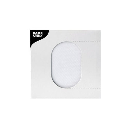 A white PAPSTAR-Drip mats (Ø 8.5 cm) for beverages are visible through an oval window in white packaging featuring the logo of the PAPSTAR GmbH partially visible in the upper left corner; ideal as a drip lid or plate insert.