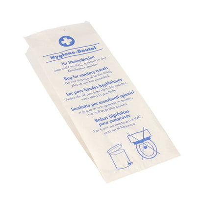 The PAPSTAR hygiene bag (28x11x5.5 cm, white, printed) from PAPSTAR GmbH is equipped with blue, multilingual text and hygiene illustrations for the disposal of feminine hygiene products, with a blue medical cross at the top edge. Delivered in a 200-piece shrink wrap package.