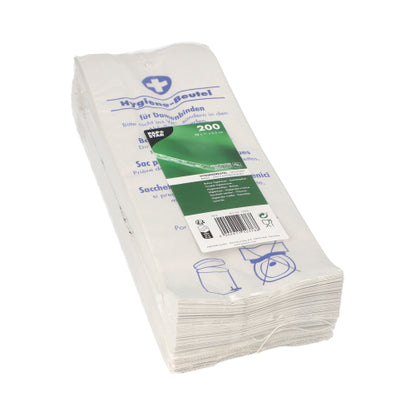 A stack of PAPSTAR hygiene bags 28x11x5.5 cm, white, printed (200 pieces) from PAPSTAR GmbH is delivered in clear foil with blue-green lettering and illustrated instructions for hygienic disposal.