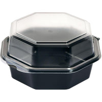 The Duni GmbH Octaview® Black/Transparent PS 160x160x80 mm Box (405 pieces) is a premium polystyrene food container with a clear, snap-on lid—ideal for the professional presentation of food.