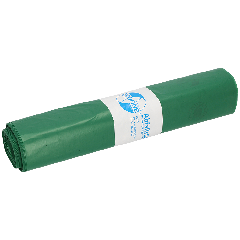 A rolled-up green DEISS ECOFINE® waste bag 13900 (120L, recycled LDPE/LLDPE) from EMIL DEISS KG, with a white-blue label, on a plain white background - ideal for environmentally friendly waste disposal.