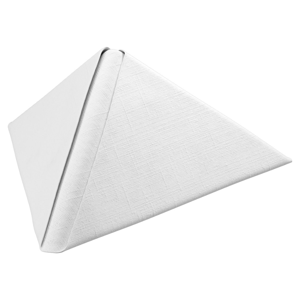 Eine weiße Dunilin®-Serviette der Duni GmbH, zu einer dreieckigen Pyramidenform gefaltet und auf einem schlichten weißen Hintergrund präsentiert, bietet die Eleganz stoffähnlicher Einwegservietten, ideal für eine nachhaltige Tischdekoration. Jede Packung enthält 45 Stück und misst 40 x 40 cm.