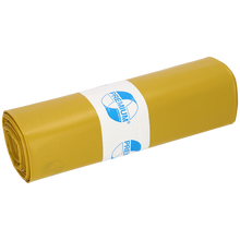 Eine Rolle EMIL DEISS KG (GmbH + Co.) DEISS 13004 Müllsäcke (700x1100x0,07 mm, gelb, 25 Stück) ist mit einem weißen Etikett mit blauem Text und Logo versehen. Der schlichte weiße Hintergrund hebt diese Säcke für eine einfache Abfallentsorgung hervor.