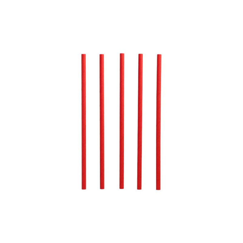 Fünf rote PAPSTAR Shake-Halme Papier-Trinkhalme, bekannt für ihre Umweltfreundlichkeit, sind vertikal vor einem schlichten weißen Hintergrund angeordnet.