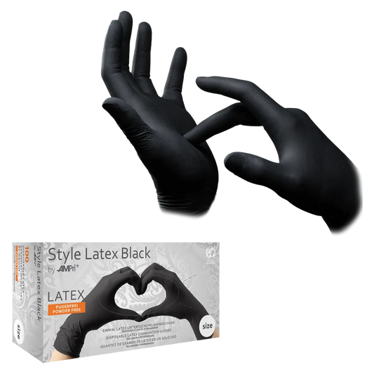 Zwei Hände tragen STYLE LATEX BLACK, schwarze, puderfreie Latex-Untersuchungshandschuhe von AMPri Handelsgesellschaft mbH. Eine Hand zieht am Handschuhbund. Darunter zeigt die Packung zwei behandschuhte Hände in Herzform.