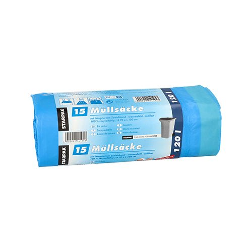 The image shows a rolled package containing 15 blue Starpak trash bags with drawstrings (LDPE, 120 l, 100 x 70 cm). The German label displays product details, an image of a trash can, and highlights the convenient drawstring for easy tying.