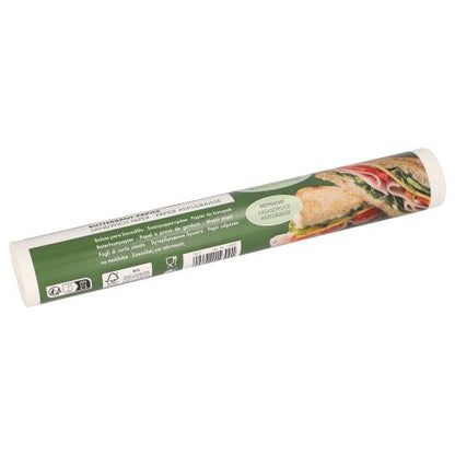 PAPSTAR Sandwich wrap, 25x30 cm, white, 100 sheets with a green band showing usage instructions and a photo of a sandwich—perfect for wrapping snacks or sandwiches.