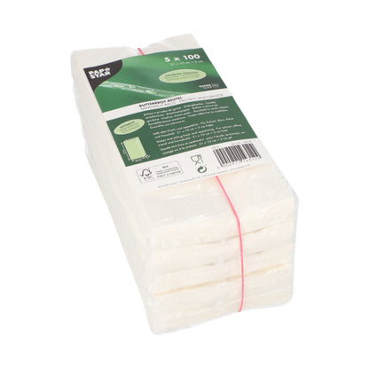 A pack of 500 PAPSTAR greaseproof sandwich bags (21x10x3 cm, white) from PAPSTAR GmbH, packed in shrink wrap with a green-white label with product and recycling information - perfect for snacks and sandwiches.