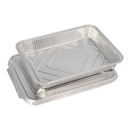 Two rectangular Starpak 50 meal trays with lids—aluminum trays from Starpak—are stacked against a plain white background. Each tray features raised edges and a slightly textured surface, making it ideal for serving meals in the food service industry.