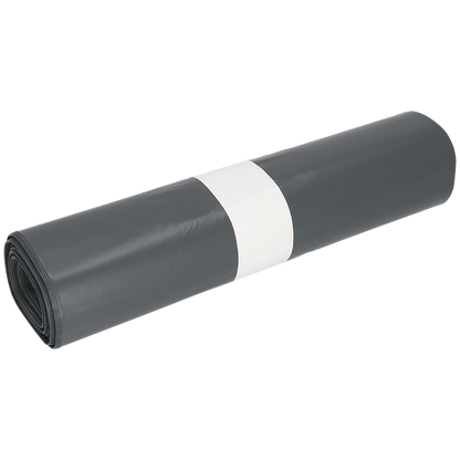 Pictured is a roll of EMIL DEISS KG (GmbH + Co.) DEISS trash bags 575x1000x0.07 mm made from recycled LDPE 70 l black, bundled with a white paper band, on a solid white background.