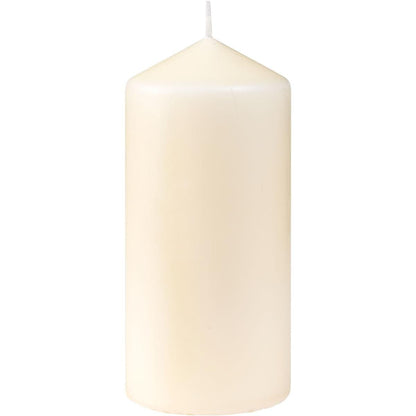 A simple white pillar candle (approx. 40h, 130 x 60 mm) from Duni GmbH stands upright with a centered wick against a white background.
