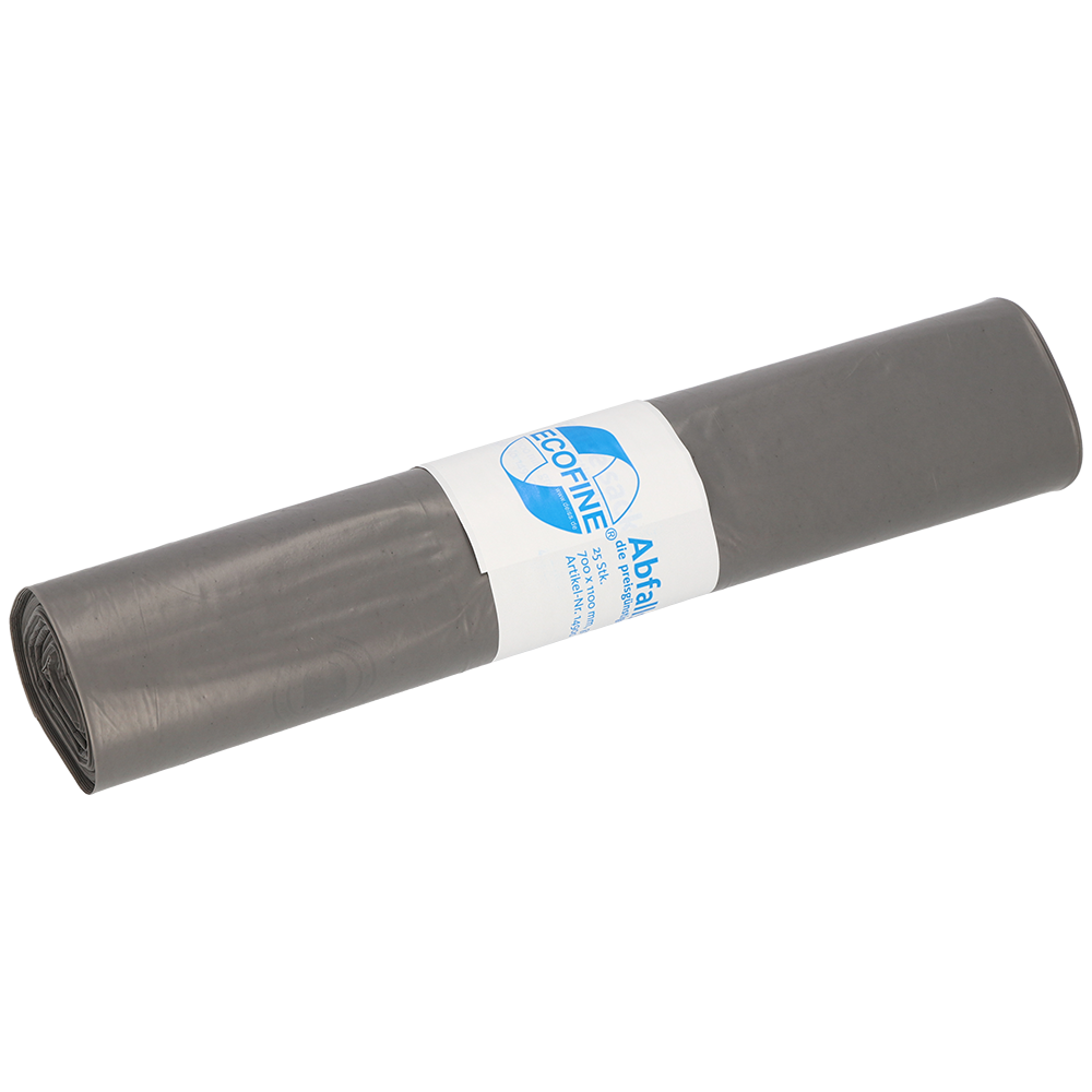 A rolled bundle of DEISS ECOFINE® waste bags 13900 made of recycled LDPE/LLDPE, 120 liters from EMIL DEISS KG (GmbH + Co.), with a white label with blue text - ideal for environmentally friendly waste disposal.