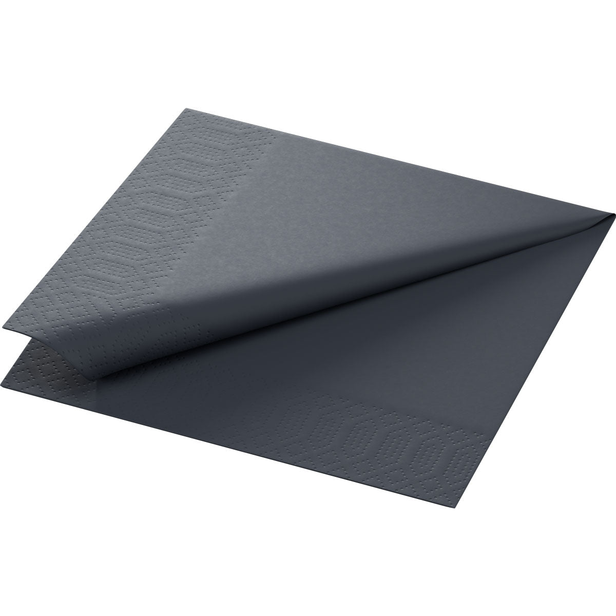 Eine Zelltuchserviette der Duni GmbH, 33x33 cm, 3-lagig, schwarz, ist sauber gefaltet in einer 1/4 Falz und hat ein dezentes geometrisches Prägemuster am Rand; geliefert in einer Packung mit 250 Servietten.