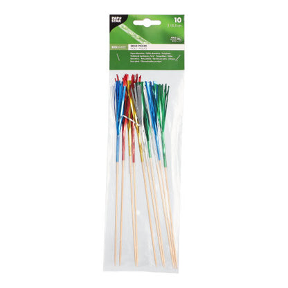 Eine transparente Kunststoffpackung mit 10 PAPSTAR Deko-Pickern der PAPSTAR GmbH, jeweils mit glänzenden roten, blauen, grünen oder silbernen Metallic-Fransen. Ideal für Fingerfood, verfügt die Packung über ein grünes Produktinfo-Etikett am oberen Rand.
