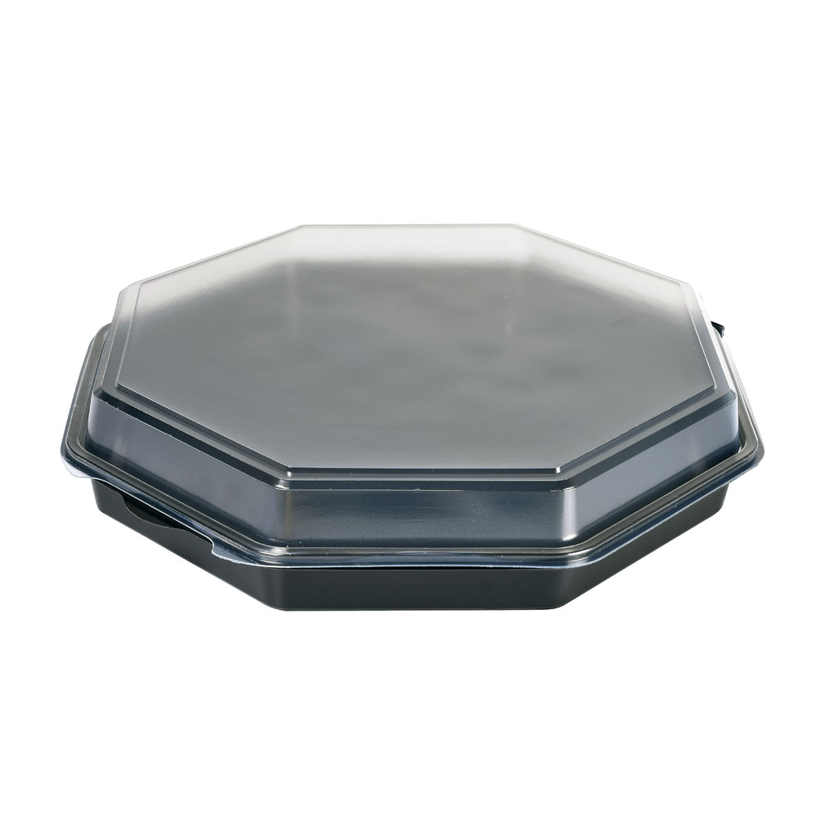 A closed Octaview® black/transparent PS 305x305x60 takeout container from Duni GmbH is pictured against a white background, showcasing its practical design for food service packaging; the package contains 75 units.
