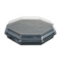 A closed Octaview® black/transparent PS 305x305x60 takeout container from Duni GmbH is pictured against a white background, showcasing its practical design for food service packaging; the package contains 75 units.
