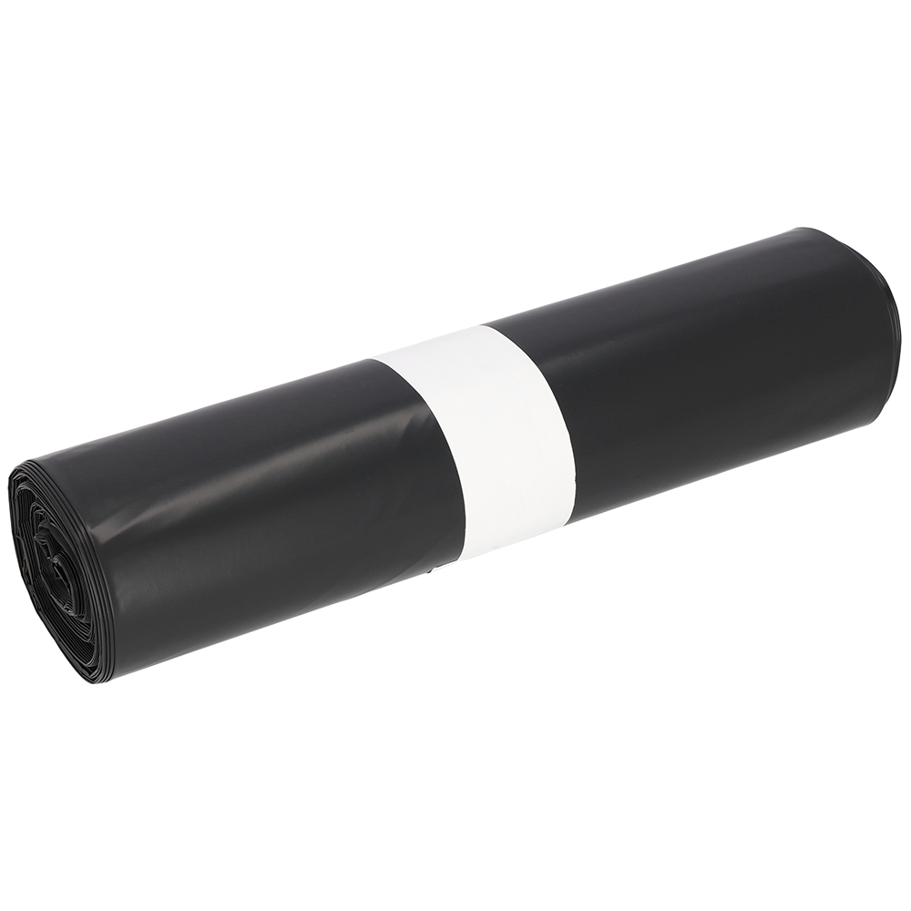 Abgebildet ist eine Rolle EMIL DEISS KG (GmbH + Co.) DEISS 15005 Müllsäcke schwarz, 700x1100x0,06 mm (25 Stück), mit einem weißen Papierband um die Mitte, auf einem einfarbig weißen Hintergrund.