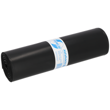 Eine aufgerollte EMIL DEISS KG (GmbH + Co.) Mülltüte mit der Aufschrift "DEISS 15006 - 700x1100 mm Typ 100 schwarz | Rolle (25 Stück)" mit einem weiß-blauen Band in der Mitte, auf weißem Hintergrund.