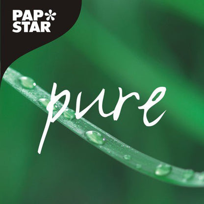 A green blade of grass with water droplets, "pure" in white lettering, and "PAPSTAR" in bold on black mark the PAPSTAR GmbH 100 pizza boxes, cellulose "pure" rectangular – eco-friendly packaging made from pure cellulose.