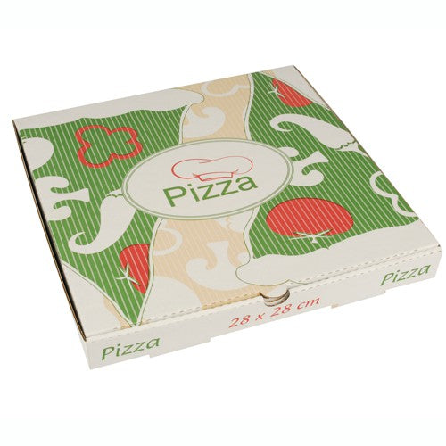 Die PAPSTAR 100 Pizzakartons der PAPSTAR GmbH bestechen durch ihr farbenfrohes Design mit grünen Streifen, roten Tomaten, weißen Champignons und dem Schriftzug „Pizza“ auf dem Deckel. Hergestellt aus reiner Zellulose, misst jeder Karton 28 x 28 cm und ist umweltfreundlich.