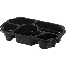Die PP-Schale Take-Away 250x159x46 mm von Duni GmbH ist eine schwarze Kunststoffschale mit fünf Fächern - perfekt zum Servieren und Portionieren von Snacks. Die leere Packung (240 Stück) wird auf weißem Hintergrund präsentiert.