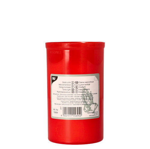 Cylindrical PAPSTAR grave light T3 memorial candle with red plastic housing (Ø 6.4 cm, height 10 cm) and white label with text, symbols, barcode, and graphic. Ideal for use in the cemetery. Brand: PAPSTAR GmbH.