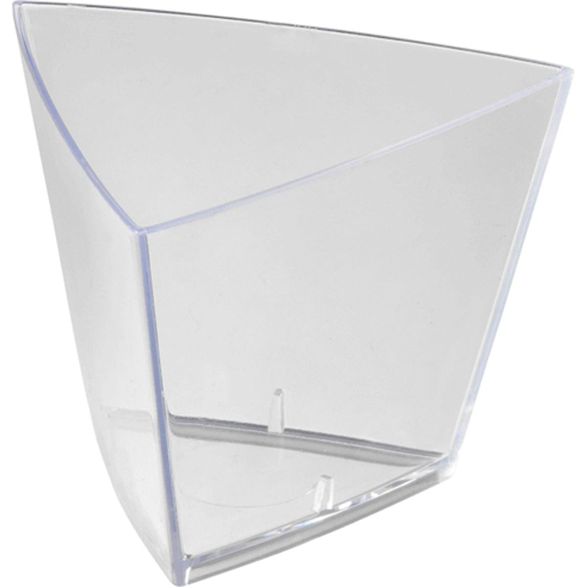 The Tri Transparent PS 55x55x45 mm from Duni GmbH is a clear plastic container with curved sides and a flat bottom, perfect as a small storage box for small items. Pack of 90—the ideal slim storage solution.