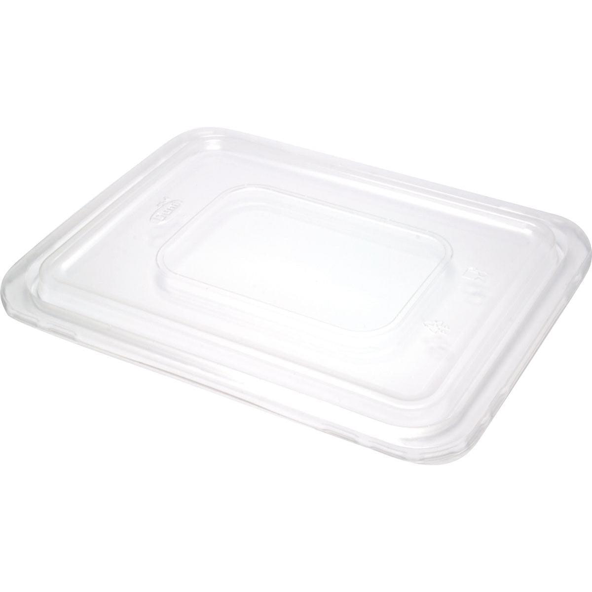 The transparent lid for 151304, 151375 by Duni GmbH (PP, 190x138x14 mm, pack of 480 pieces) is shown on a white background at a slight angle. It features a raised central area and smooth edges.
