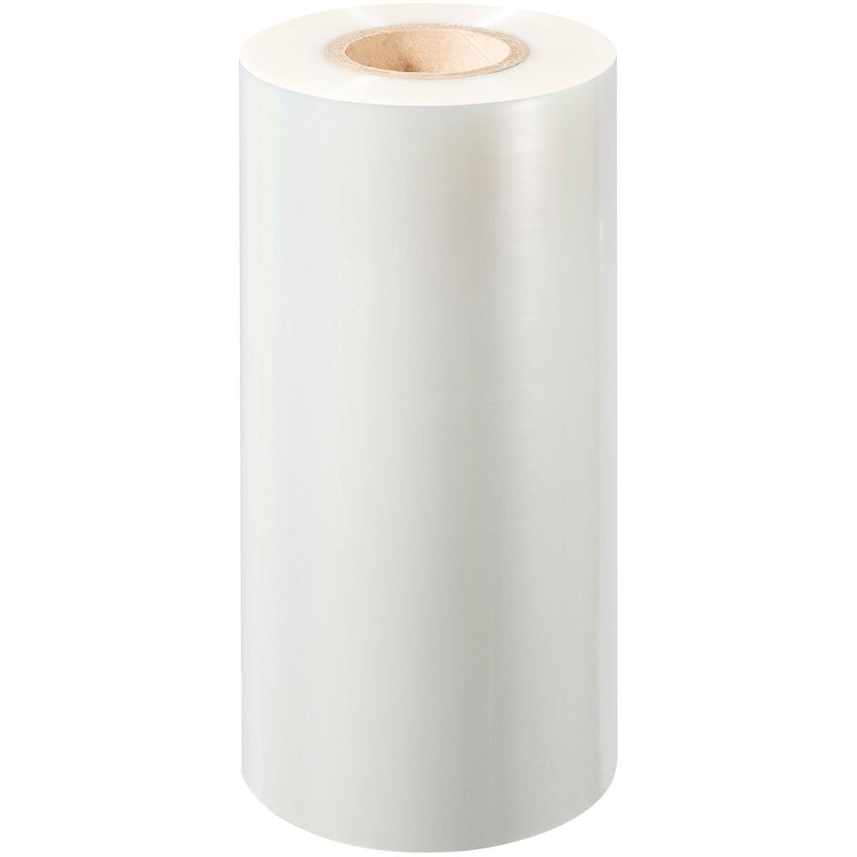 A large, upright-standing roll of Duni GmbH Universal Film no Antifog universal made of clear plastic film with a cardboard core against a white background.