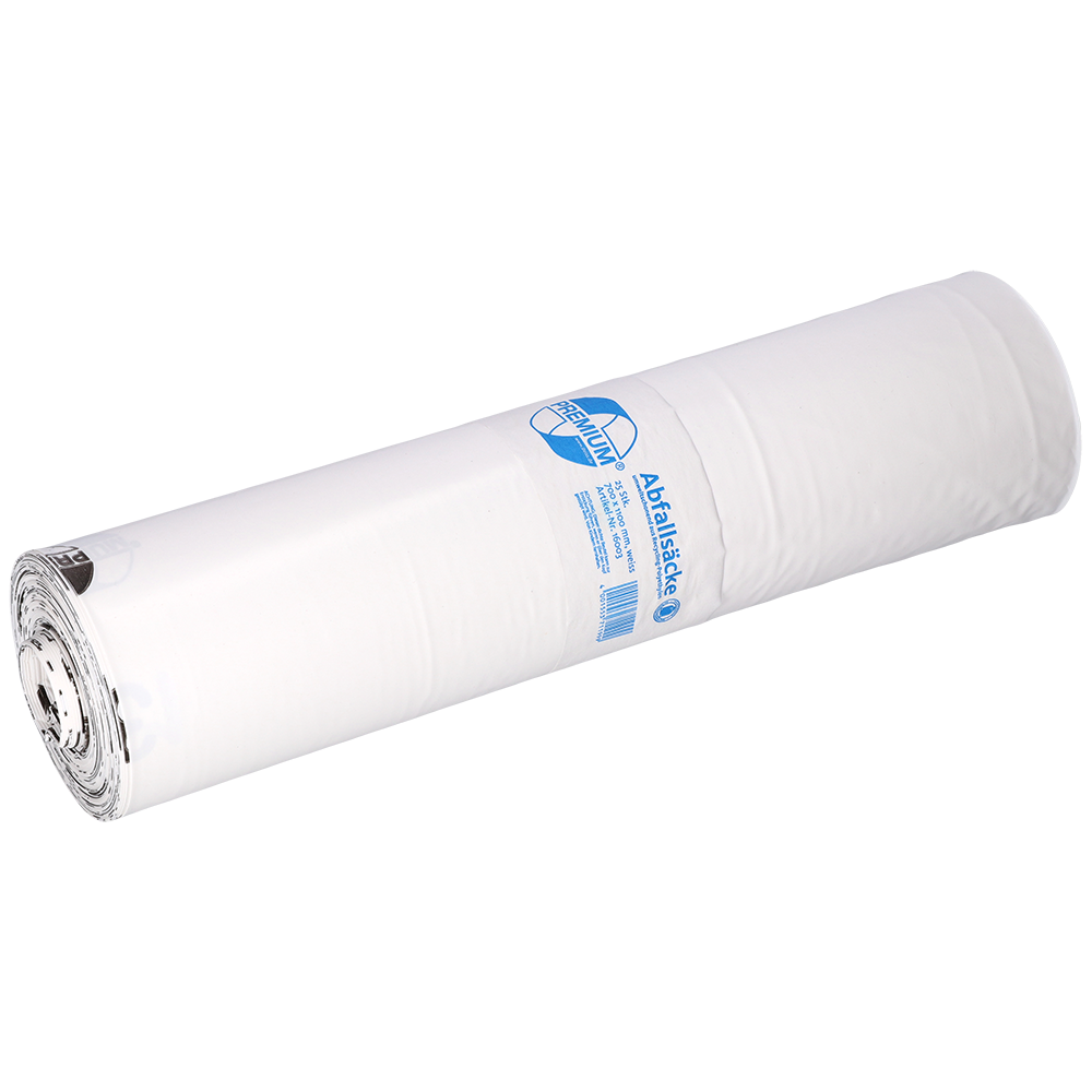 Die DEISS 16003 Rolle von EMIL DEISS KG (700x1100x0,06 mm, weiß, 25 Stück) ist als strapazierfähige weiße Folienrolle mit teils sichtbarem blauen Label vor heller Kulisse präsentiert.