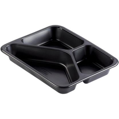 Die Duni GmbH PP-Schale Caterline 3 Schwarz PP 227x178 ist ein schwarzes Tablett mit drei unterschiedlich großen Fächern, ideal für Catering und Gastronomie, um Speisen beim Kochen oder Servieren getrennt zu halten.