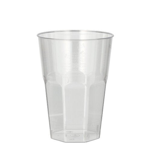 Ein durchsichtiger Starpak Latte Macchiato-Becher aus Kunststoff (0,3 l, 8 cm Ø, 11 cm hoch) mit konischen Seiten und flachem Boden aus dem Starpak 30-Gläser-Set, glasklare Oberfläche, präsentiert vor einem schlichten weißen Hintergrund.