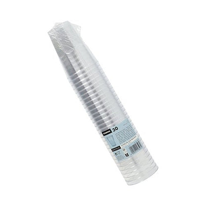 Ein Stapel Starpak 30 Gläser für Latte Macchiato, PS 0,3 l Ø 8 cm · 11 cm glasklar (30 Stück) ist in Schrumpffolie verpackt und seitlich mit einem Produktinformationsetikett versehen.