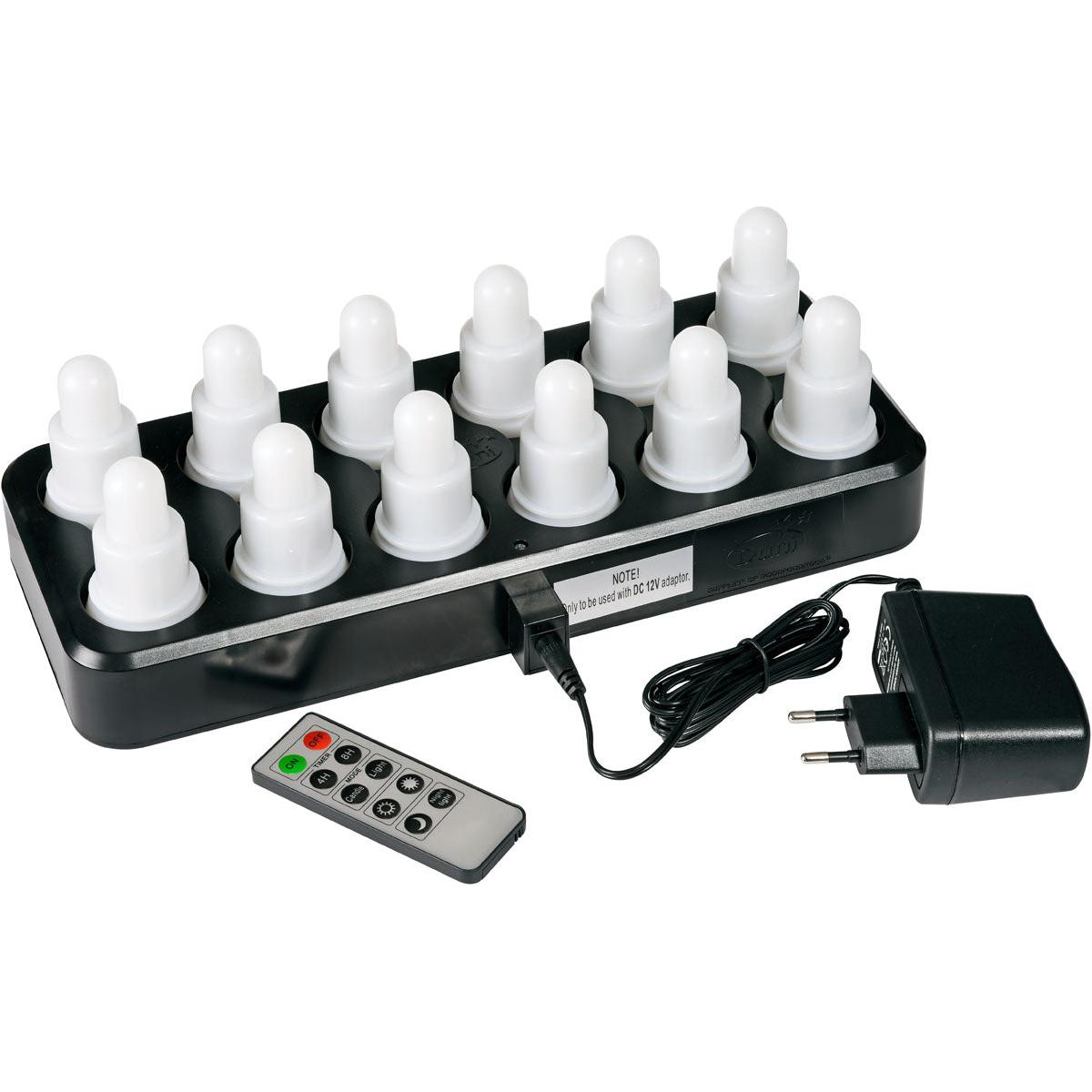 Der Duni GmbH Auslaufartikel: LED-Set enthält 12 warmweiße Lichter (70 x 40 mm, 12h), eine elegante schwarze Ladestation, Fernbedienung und Netzteil - ideale Dekorationslichter für jeden Raum, abgebildet auf weißem Hintergrund.