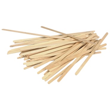 Several stirring sticks made of wood by Abena Re-Seller GmbH are scattered across a white background. The thin, flat sticks with rounded ends are ideal for use in the kitchen.