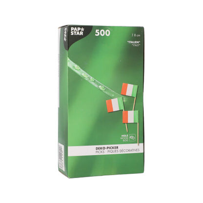 Eine weiße Box mit der Aufschrift „PAPSTAR 500 Deko-Picker 8 cm weiss“ der PAPSTAR GmbH enthält umweltfreundliche Deko-Picker für stilvolle Präsentationen. Auf der Vorderseite sind verschiedene Deko-Picker und ein mehrsprachiger Text abgebildet.