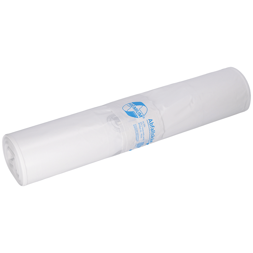 Eine Rolle EMIL DEISS KG (GmbH + Co.) DEISS 16702 Kunststoffbeutel, 575x1000 mm Typ 60 weiss, Packung (25 Stück), ist mit einer blau-weißen Banderole und dem Etikett "Papier weiss" auf weißem Hintergrund versehen.