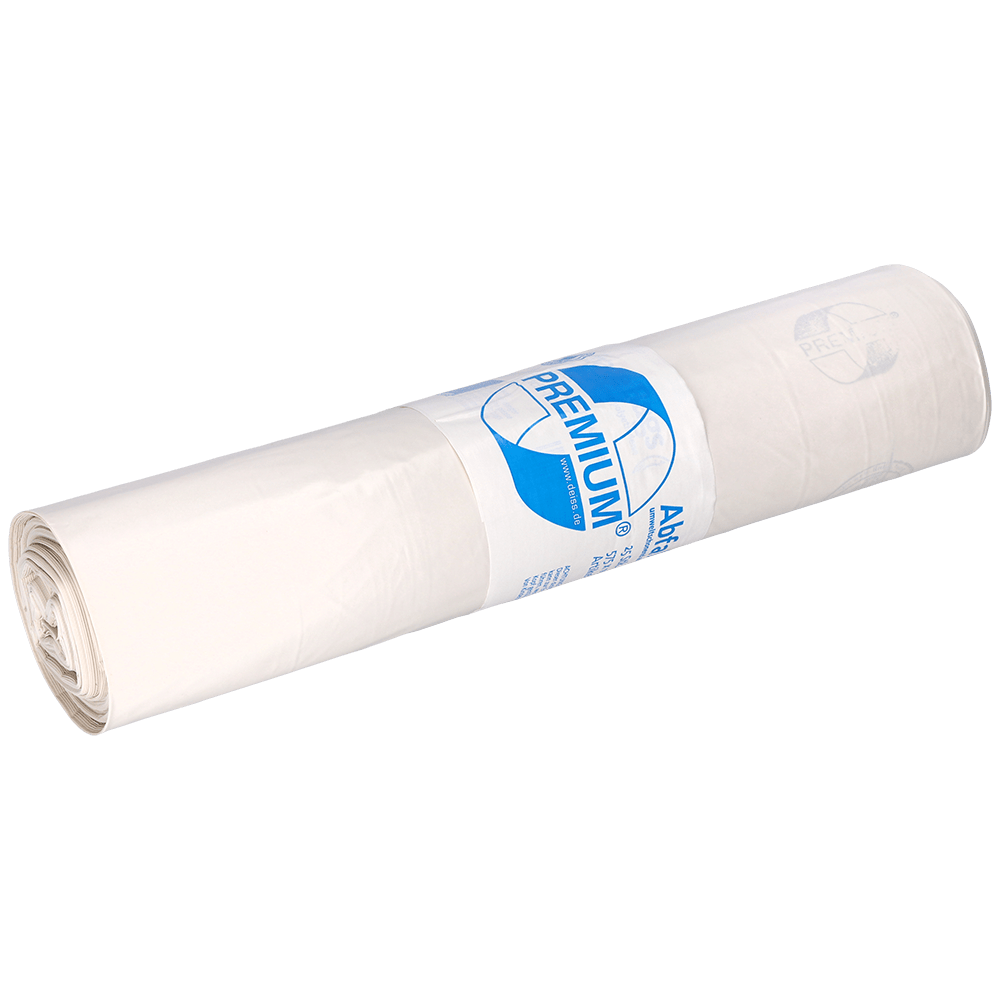 Eine Rolle EMIL DEISS KG (GmbH + Co.) Müllsäcke, Modell DEISS 16709, 575x1000 mm, weiß mit "PREMIUM" auf dem Etikett. Die Packung enthält 25 Stück.