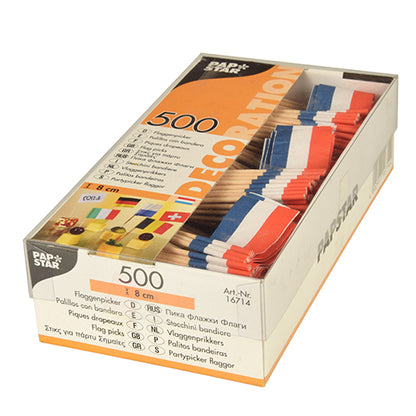 Eine Box mit 500 PAPSTAR Deko-Pickern 8 cm weiss der PAPSTAR GmbH, ideal für stilvolle Präsentationen. Die transparente Verpackung trägt den Schriftzug „Pap Star“ und enthält Produktdetails in mehreren Sprachen.